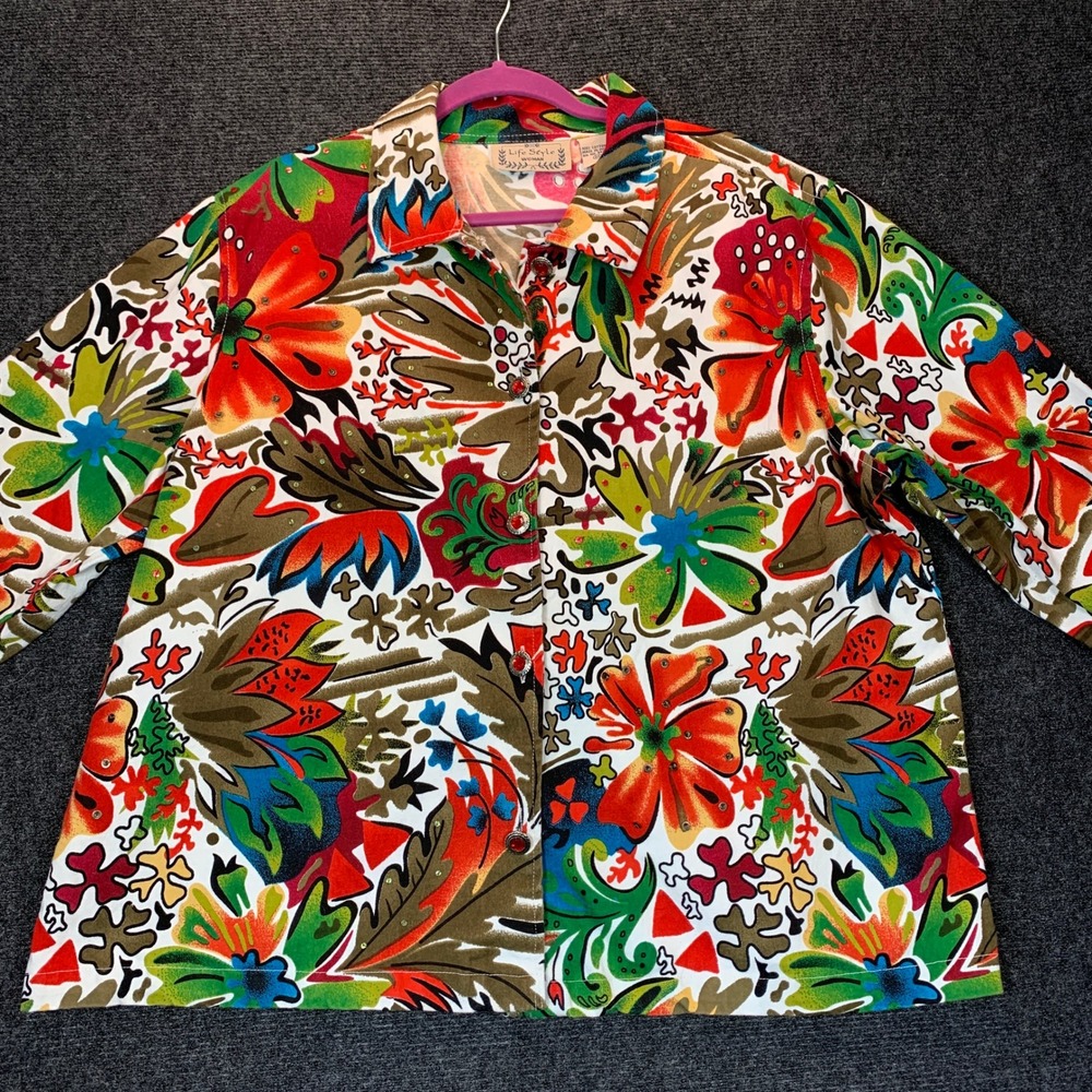 Life Style Woman Jacket 2X Floral Box Oversized Flare Art Teacher Career Modest